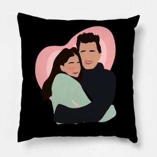 cute couple hugging with pink heart in backgorund, vector illustration, without face, Pillow