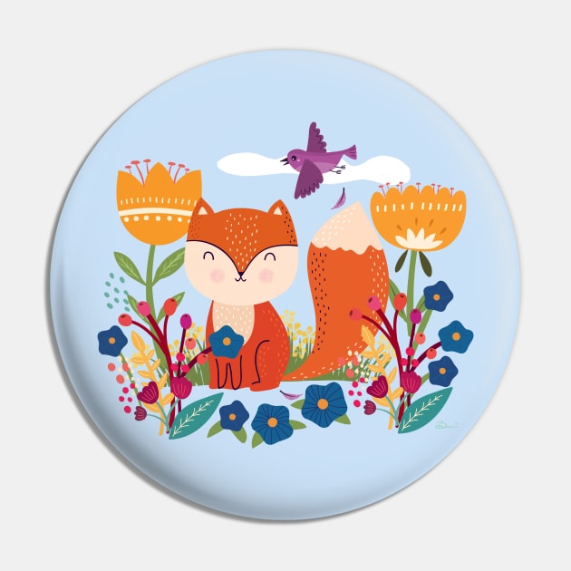 A Fox In The Flowers With A Flying Feathered Friend Pin by LittleBunnySunshine