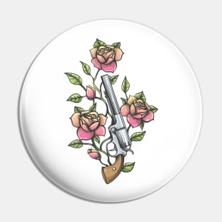 Revolver with Branch of Rose flower drawn in Tattoo style. Vector illustration. Pin