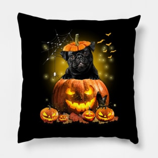 Black Pug Spooky Halloween Pumpkin Dog Head Pillow