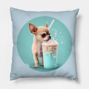 Cute Kawaii Chihuahua Drinking Bubble Tea - Adorable Dog Lover Gift and Fun Animal Art Pillow