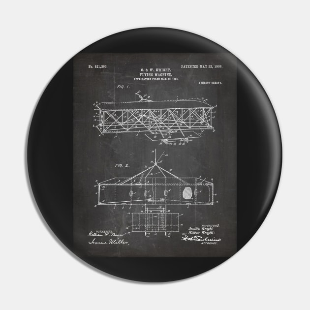 Wright Brothers Airplane Patent - Aviation History Art - Black Chalkboard Pin by patentpress