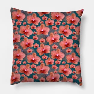 Pink Orchid Pattern on Dark Blue Background Pillow