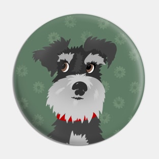 Salt and Pepper Miniature Schnauzer Dog with Green Daisies Pin