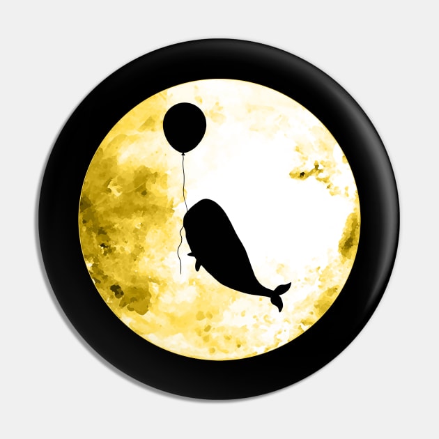 Whale flies with a balloon, black silhouette on the yellow moon Pin by Collagedream