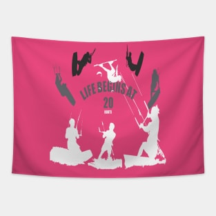 Life Begins At Twenty Knots For Kitesurfers White Silhouette Tapestry