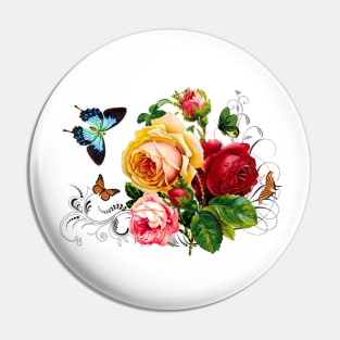 Romantic Roses and Butterflies with Scrolls Pin