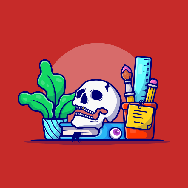 Creative Office Workspace with Skull, Book, and Plant Cartoon Vector Icon Illustration by Catalyst Labs