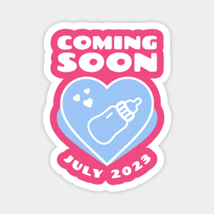 Coming soon. July 2023 birthday. Baby Announcement. Feeding Bottle Magnet