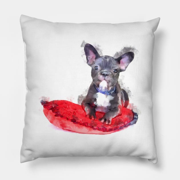 Cute Black And White Bulldog Puppy On A Red Cusion Digital Portrait Pillow by NeavesPhoto