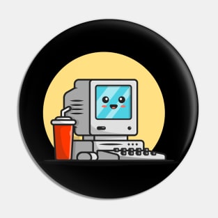 Cute Old Computer Desktop with Coffee Cartoon Vector Icon Illustration Pin