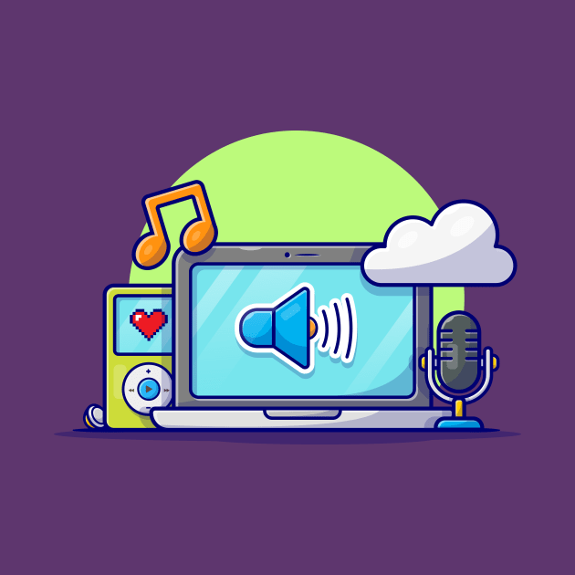 Cloud Music with Laptop, Microphone, Music Player and Note of Music Cartoon Vector Icon Illustration by Catalyst Labs