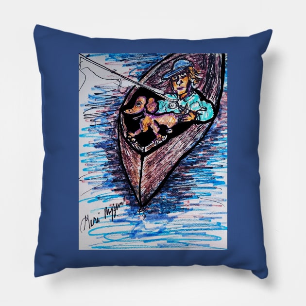 Fishing with my dog on a canoe Pillow by TheArtQueenOfMichigan 