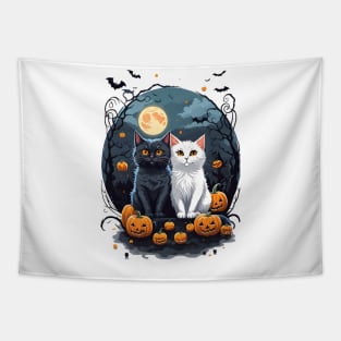 "Harmonious Halloween: Cat Lovers Under the Big Full Moon with Black and White Couple Cats" Tapestry