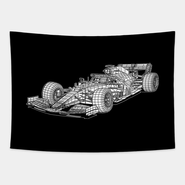 White Formula 1 Car Blueprint Sketch Art Tapestry by DemangDesign