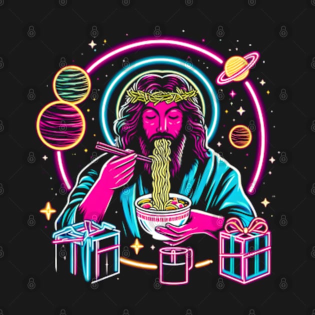 RAMEN JESUS PLANETS STARS RETRO 80'S NEON VIBE by athirdcreatives