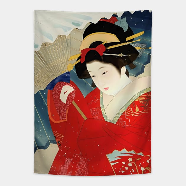 Japanese beauty under the snow - Ukiyo-e Japanese vintage Art Tapestry by geekmethat