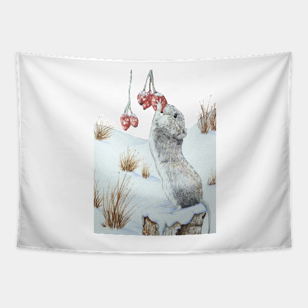 Cute gray wood mouse eating berries in snow Tapestry by pollywolly