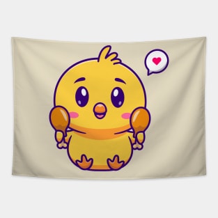 Cute Chick Holding Fried Chicken Cartoon Tapestry