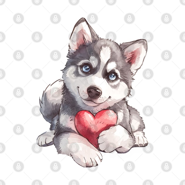 Valentine Siberian Husky Holding Heart by Chromatic Fusion Studio