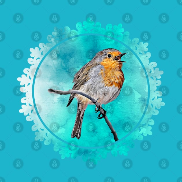 Lovely Robin Bird Drawing with Turquoise Background by Cartoon Cosmos