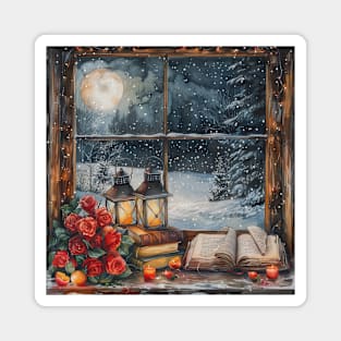 Fantasy winter starry night window Magnet