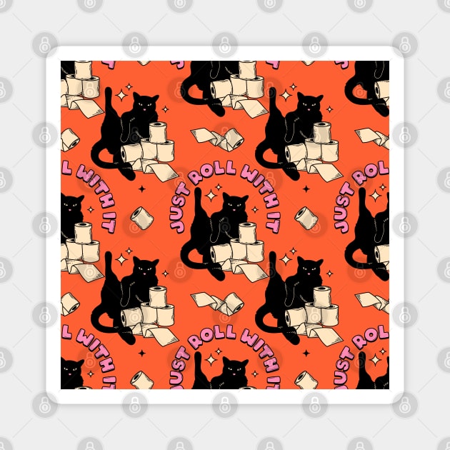 Roll with it Black Cat Pattern in orange Magnet by The Charcoal Cat Co.