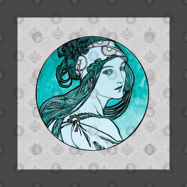 Alphonse Mucha Girl with a Twist mug,coffee mug,t-shirt,pin,tapestry,notebook,tote,phone cover,pillow by All Thumbs