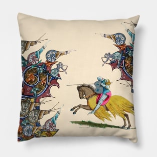 WEIRD MEDIEVAL BESTIARY WAR, KNIGHT HORSEBACK COMBATTING WITH GIANT SNAILS Pillow