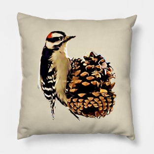 Downy Woodpecker on a Pinecone Pillow