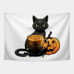 Halloween Black Cat Pumpkin Spice Latte Syrup Creamer Tapestry