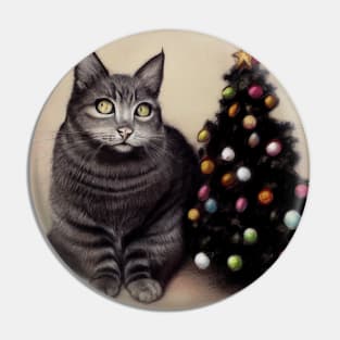 Funny Cat near Christmas Tree Pin