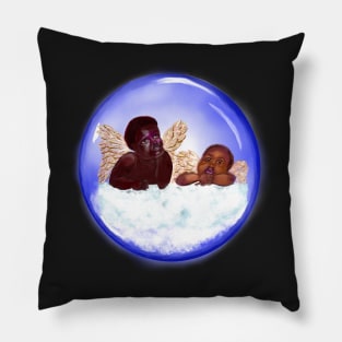 Cherubim in a heavenly space bubble- brown skin cherubs with curly Afro Hair and gold wings deep in thought on a cloud Pillow