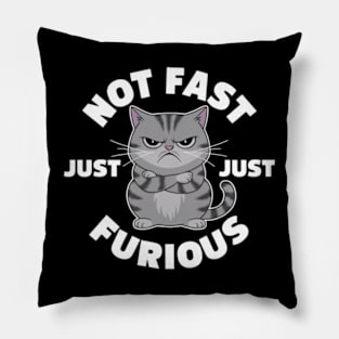 The image features a grumpy-looking cat with the text “NOT FAST JUST FURIOUS” surrounding it (3) Pillow