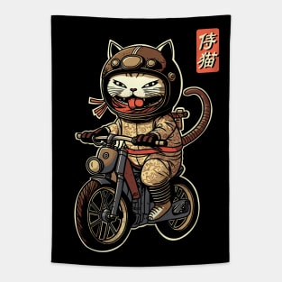 Japanese Samurai Cat on Motorcycle Kawaii Ninja Cat Tapestry