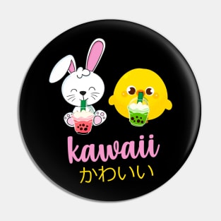 Kawaii cute anime bunny and duck drinking bubble tea Pin