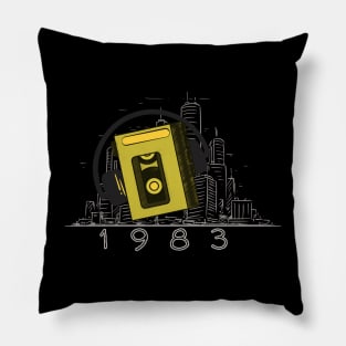 Retro  vintage 80s cassette player with headphones city view Pillow