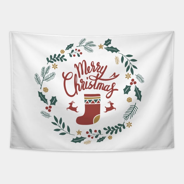 Merry Christmas Design Ornaments with Red Sock and Santa reindeers Tapestry by JabsCreative