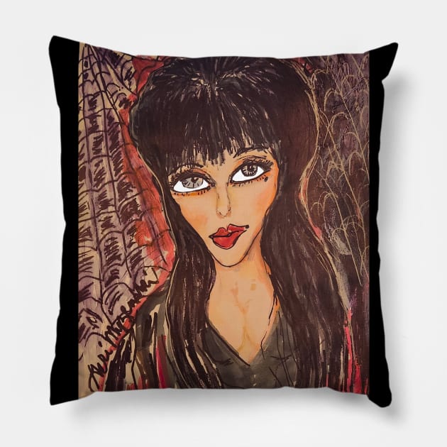 Elvira's Haunted Hills Cassandra Peterson Pillow by TheArtQueenOfMichigan 