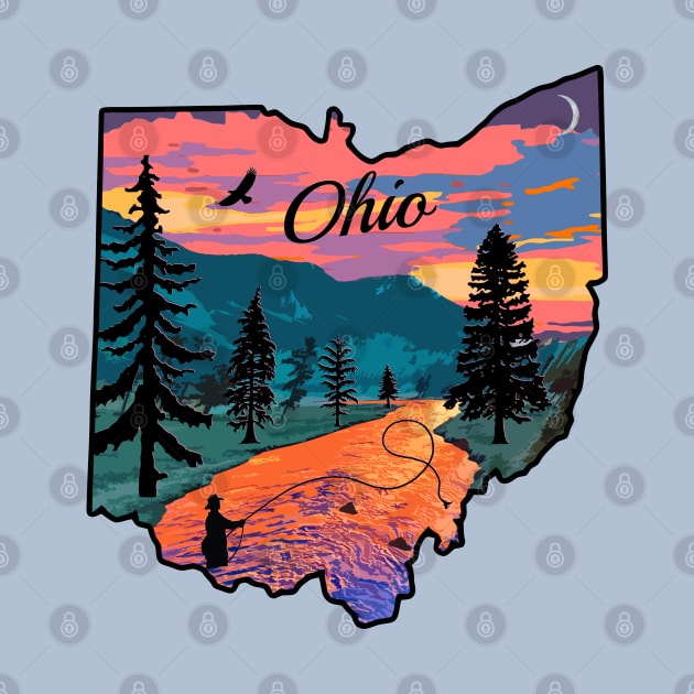 Ohio State Map Mountain Sunset River Fishing Retro by TeeCreations