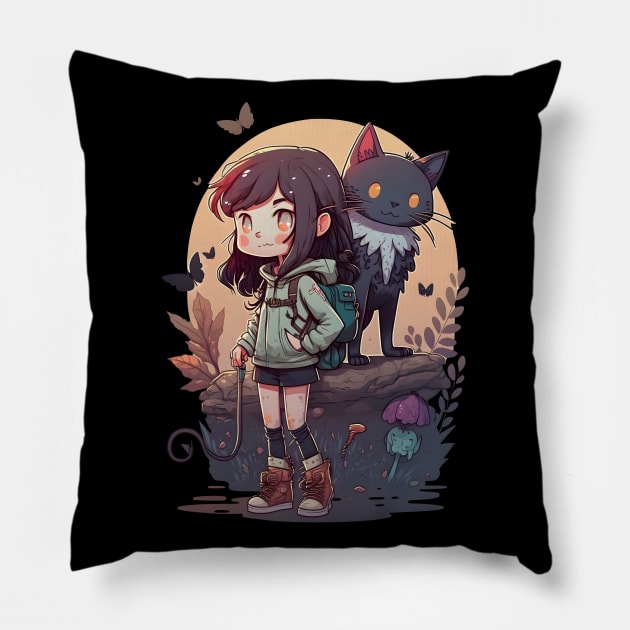 Angry Girl & Cat Kawaii Anime Black Cat Lover Halloween Pillow by Ai Wanderer