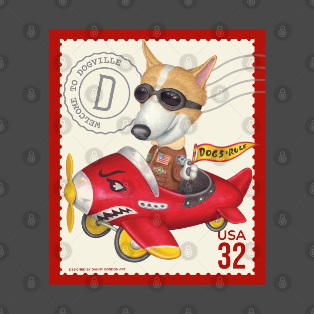 Cute Corgi flying plane wearing goggles and bomber jacket by Danny Gordon Art