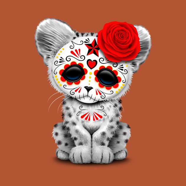 Red Day of the Dead Sugar Skull Snow Leopard Cub by jeffbartels