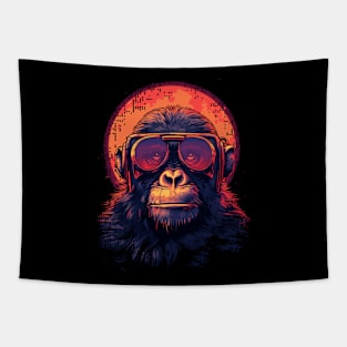 Retro Sunset Spaceman Chimpanzee AI Generated Art Tapestry