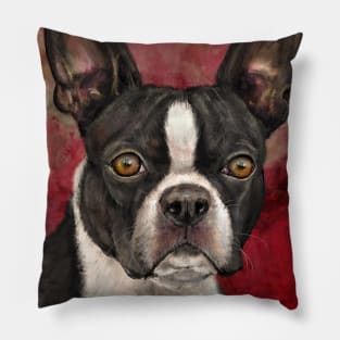 Painting of Black and White Boston Terrier on Burgundy Background Pillow