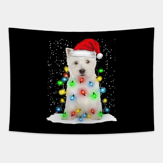 West Highland White Terrier Christmas Santa Hat Xmas Tree Color Lights Tapestry by Ripke Jesus