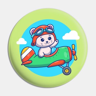 Cute Cat Flying With Vintage Plane Pin