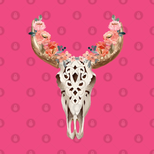 ARTISTIC SCROLLWORK COW SKULL WITH HORNS AND FLOWERS by KutieKoot T's