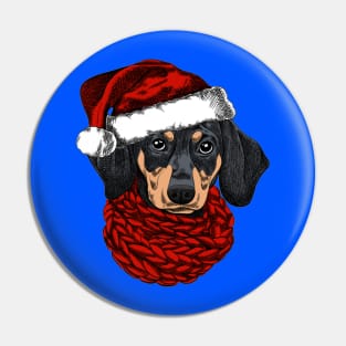 Dachshund dog for a Christmas card. Dachshund with a red knitted warm scarf and a santa hat. Merry Christmas in the year of the dog. New Year's Eve Pin