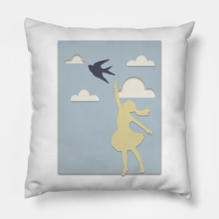 Paper cutout girl reaching for bird Pillow